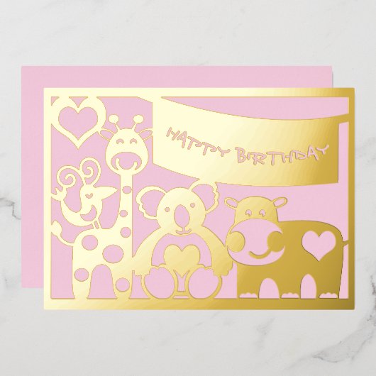 ハッピーバースデーベビーガール動物の金箔 箔シーズンカード (正面/裏面)
