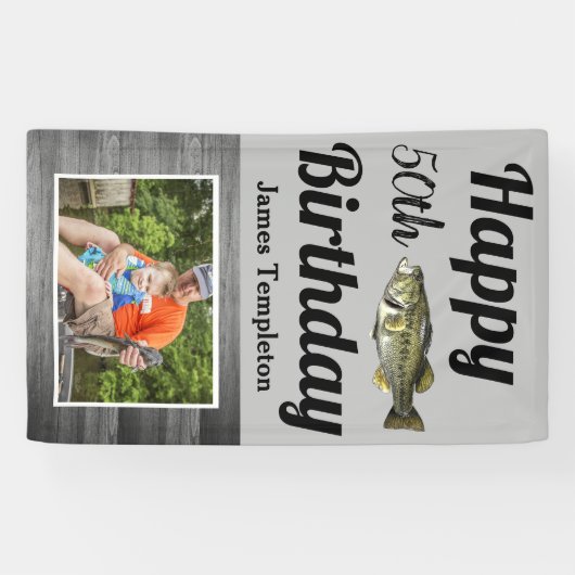 ハッピーバースデーベース魚釣り写真名父 横断幕 (横)