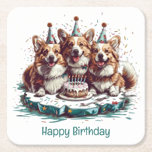 ハッピーバースデーペンブロークウェルシュコーギードッグ スクエアペーパーコースター (正面)