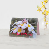 ハッピーバースデーホワイトとピンクのプルメリア、ピンク カード (黄色い花)