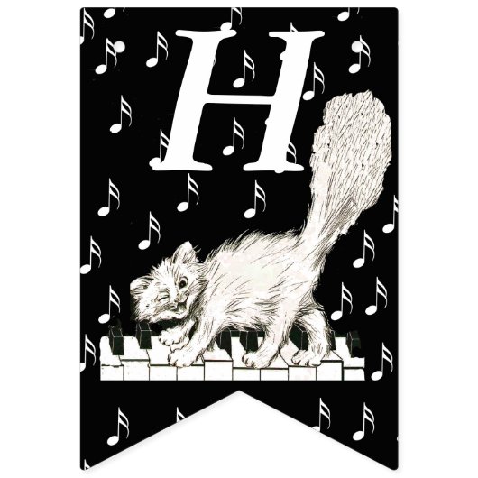 ハッピーバースデーホワイトキャットオンピアノ鍵音符 バンティングフラッグ (第1の旗)