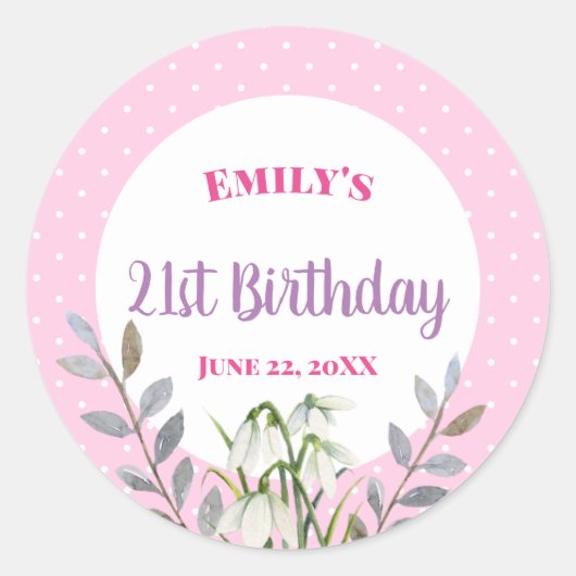 ハッピーバースデーホワイトスノードロップピンク水玉模様 ラウンドシール (正面)