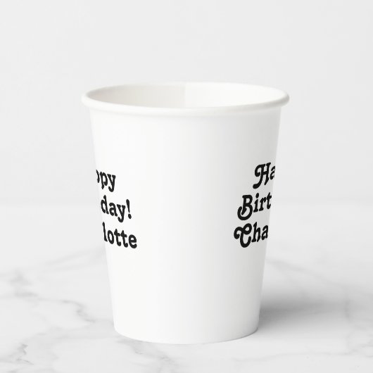 ハッピーバースデーホワイトブラック名前をカスタムする文字かわいい 紙コップ (左)