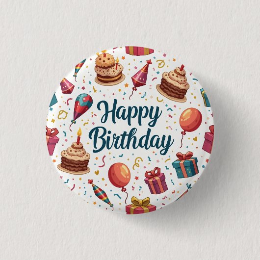 ハッピーバースデーボタン(バルーンとケーキ) 缶バッジ (正面)