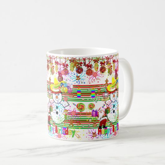 ハッピーバースデーマグ雪だるまサンタクロース コーヒーマグカップ (正面右)