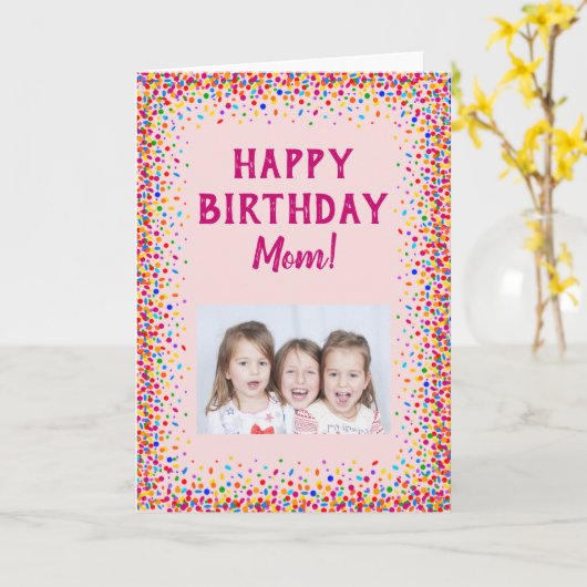 ハッピーバースデーママおもしろいカラフル紙吹雪写真 カード (黄色い花)