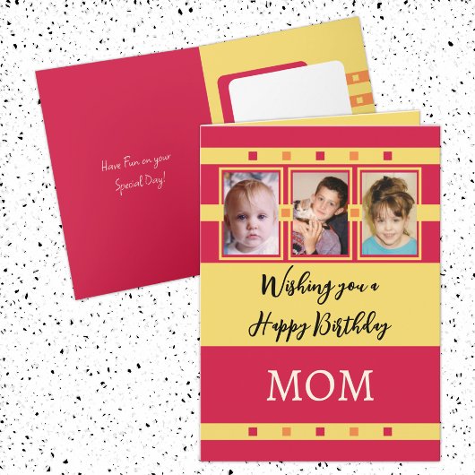 ハッピーバースデーママ3枚の写真を赤い黄色で追加 カード