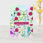 ハッピーバースデーママ、かわいらしフローラ水色 カード (黄色い花)