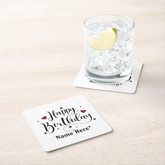 ハッピーバースデーミニマルタイポグラフィ書 スクエアペーパーコースター (インサイチュ)