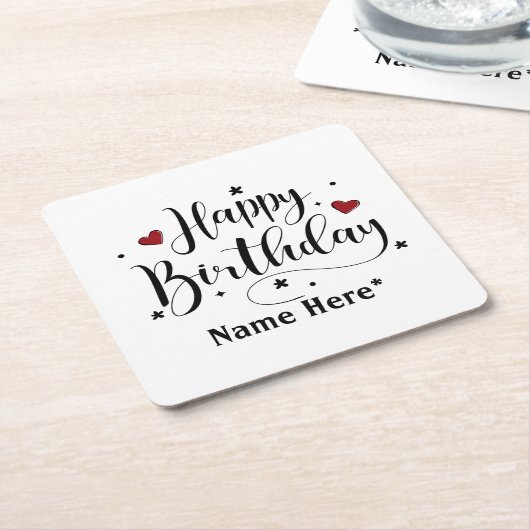 ハッピーバースデーミニマルタイポグラフィ書 スクエアペーパーコースター (アングル)