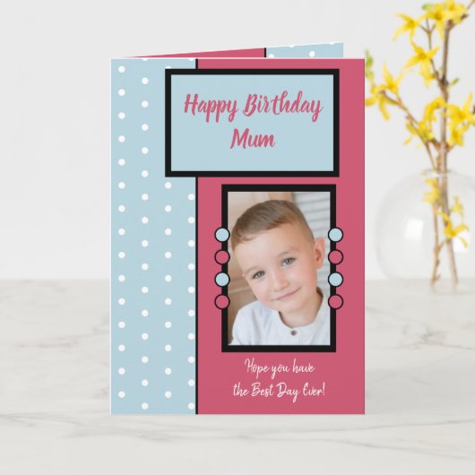 ハッピーバースデームームピンクと青の写真 カード (黄色い花)