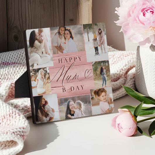 ハッピーバースデームームフォトコラージピンクウッドグレイン フォトプラーク