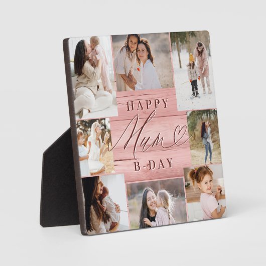 ハッピーバースデームームフォトコラージピンクウッドグレイン フォトプラーク (正面)