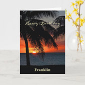 ハッピーバースデーメンズサンセット海トロピカルツリー カード (黄色い花)