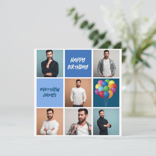 ハッピーバースデーメンズフォトコラージュパーソナライズされた カード (スタンド正面)