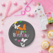 ハッピーバースデーモダンカラフルネオン蝶 ペーパープレート (パーティー)