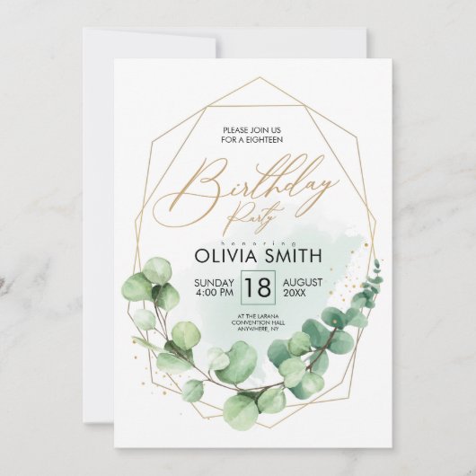 ハッピーバースデーモダンパーティーユーカリ緑 招待状 (正面)
