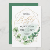 ハッピーバースデーモダンパーティーユーカリ緑 招待状 (正面/裏面)