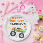 ハッピーバースデーモダンモンスターカートラック名 ペーパープレート (パーティー)
