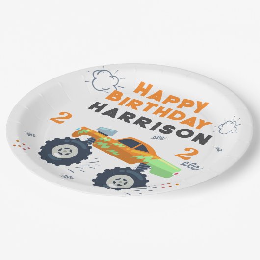 ハッピーバースデーモダンモンスターカートラック名 ペーパープレート (アングル)
