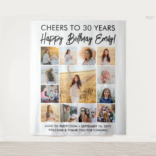 ハッピーバースデーモダン写真コラージュパーティー標識 タペストリー (正面)