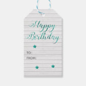 ハッピーバースデーモダン書道ティール(緑がかった色)《写真》ぼけ味 ギフトタグ (正面)