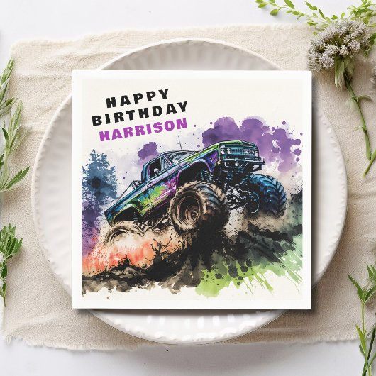 ハッピーバースデーモンスタートラックのスマッシュクラッシュボーイ スタンダードカクテルナプキン