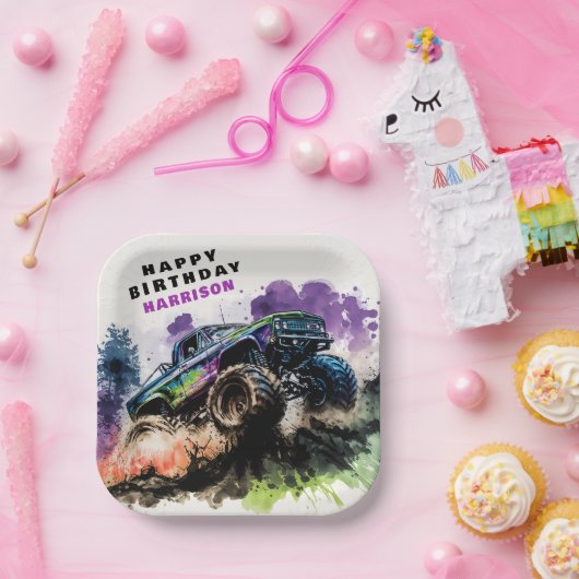 ハッピーバースデーモンスタートラックのスマッシュクラッシュボーイ ペーパープレート (パーティー)