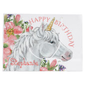 ハッピーバースデーユニコーンかわいいフローラ パーソナライズされた ラージペーパーバッグ (裏面)
