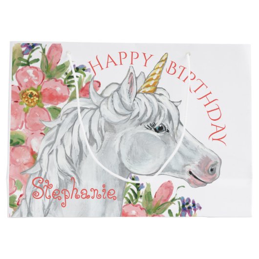 ハッピーバースデーユニコーンかわいいフローラ パーソナライズされた ラージペーパーバッグ (裏面)