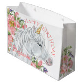 ハッピーバースデーユニコーンかわいいフローラ パーソナライズされた ラージペーパーバッグ (裏面アングル)