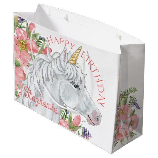 ハッピーバースデーユニコーンかわいいフローラ パーソナライズされた ラージペーパーバッグ (裏面アングル)