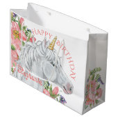 ハッピーバースデーユニコーンかわいいフローラ パーソナライズされた ラージペーパーバッグ (正面アングル)