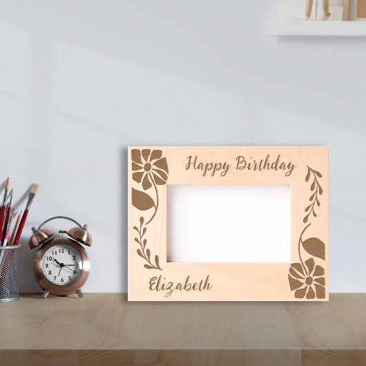ハッピーバースデーユニークGroovy Wildflower and leaf レーザー彫刻フレーム