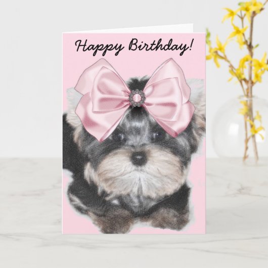 ハッピーバースデーヨークシャーテリア子犬のグリーティングカード カード (黄色い花)