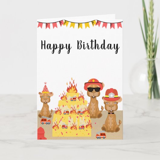 ハッピーバースデーラクダ消防士イエローケーキ カード (正面)