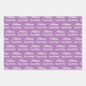 ハッピーバースデーラベンダーとホワイトネームパターン ラッピングペーパーシート (正面)