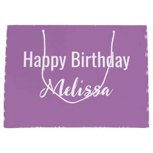 ハッピーバースデーラベンダーとホワイトネームパターン ラージペーパーバッグ (正面)