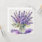 ハッピーバースデーラベンダーの花びん水色 カード (正面/裏面インサイチュ)