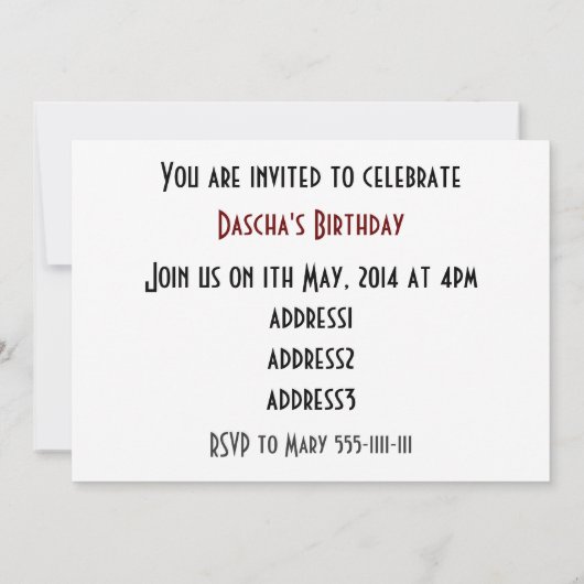 ハッピーバースデーリス 招待状 (裏面)