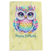 ハッピーバースデーレインボーカラーフクロウオンシャイニーレモン ミディアムペーパーバッグ (正面)
