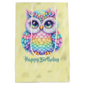 ハッピーバースデーレインボーカラーフクロウオンシャイニーレモン ミディアムペーパーバッグ (裏面)