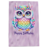 ハッピーバースデーレインボーカラーフクロウオンパープル ミディアムペーパーバッグ (正面)