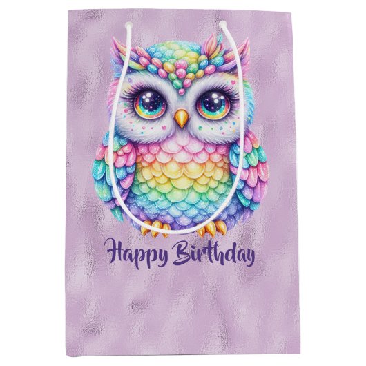 ハッピーバースデーレインボーカラーフクロウオンパープル ミディアムペーパーバッグ (正面)