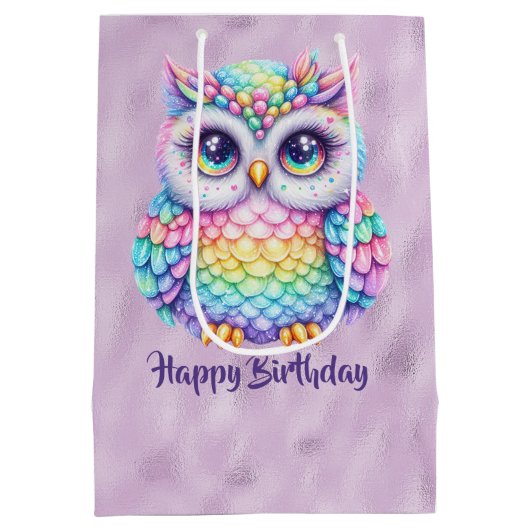 ハッピーバースデーレインボーカラーフクロウオンパープル ミディアムペーパーバッグ (裏面)