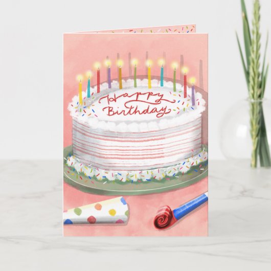 ハッピーバースデーレインボーケーキイラストレーション誕生日 カード (正面)