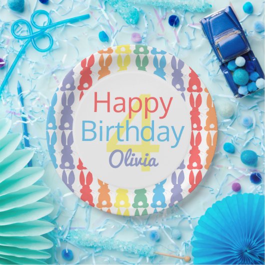 ハッピーバースデーレインボーバニーキパーソナライズされたッズ ペーパープレート (パーティー)