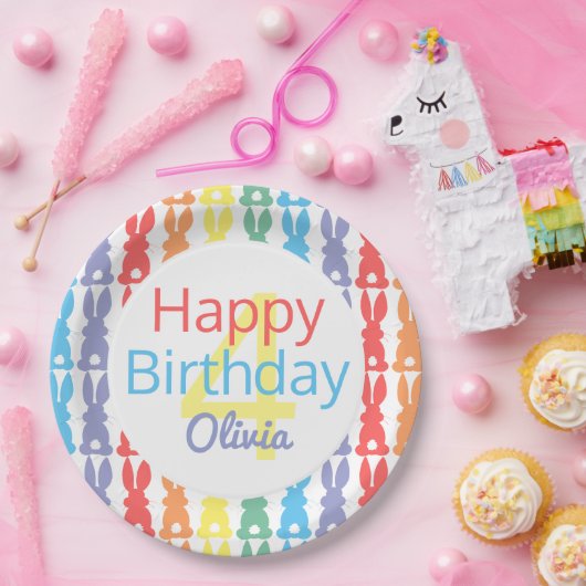 ハッピーバースデーレインボーバニーキパーソナライズされたッズ ペーパープレート (パーティー)