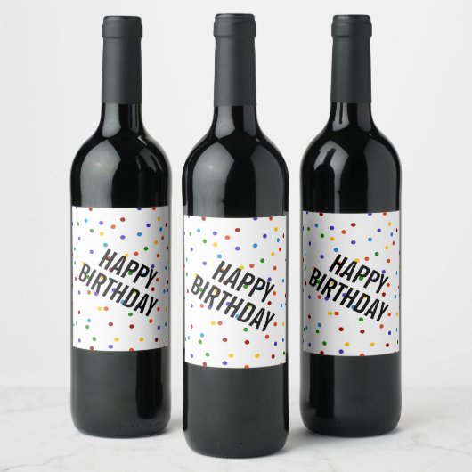 ハッピーバースデーレインボーホワイト水玉模様 ワインラベル (ボトル)