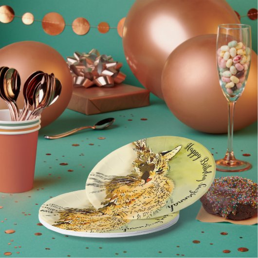 ハッピーバースデーレッドタブビーキャットウィスカーズウォーター色 ペーパープレート (複数)